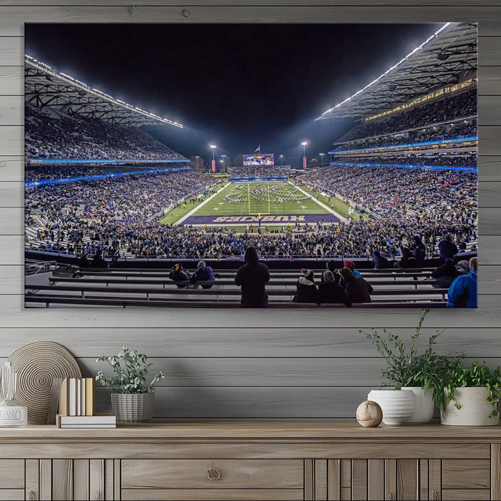 A large wall art canvas print of the University of Washington Huskies football team at Seattle Husky Stadium captures the spirit of adventure and serenity.