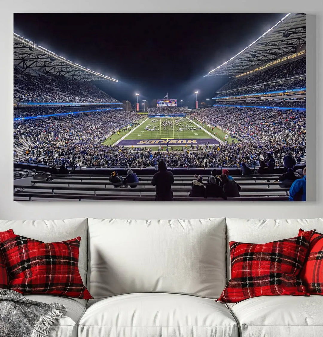 A large wall art canvas print of the University of Washington Huskies football team at Seattle Husky Stadium captures the spirit of adventure and serenity.