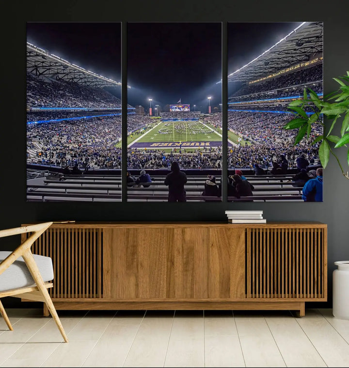 A large wall art canvas print of the University of Washington Huskies football team at Seattle Husky Stadium captures the spirit of adventure and serenity.