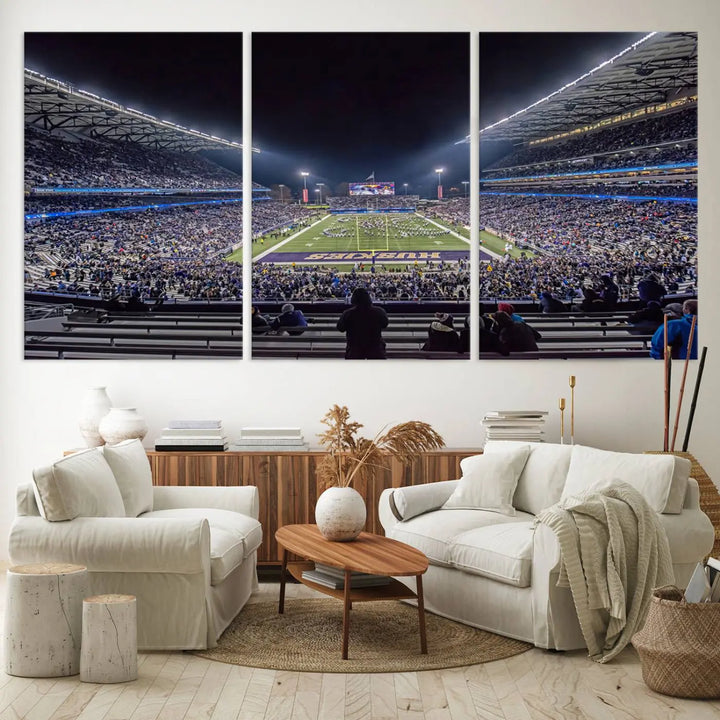 A large wall art canvas print of the University of Washington Huskies football team at Seattle Husky Stadium captures the spirit of adventure and serenity.