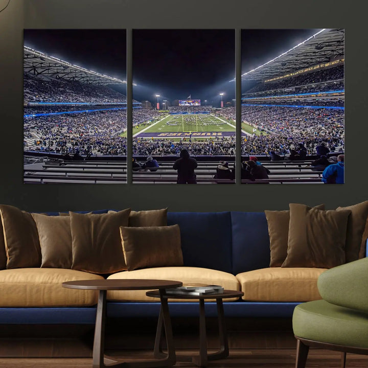 A large wall art canvas print of the University of Washington Huskies football team at Seattle Husky Stadium captures the spirit of adventure and serenity.