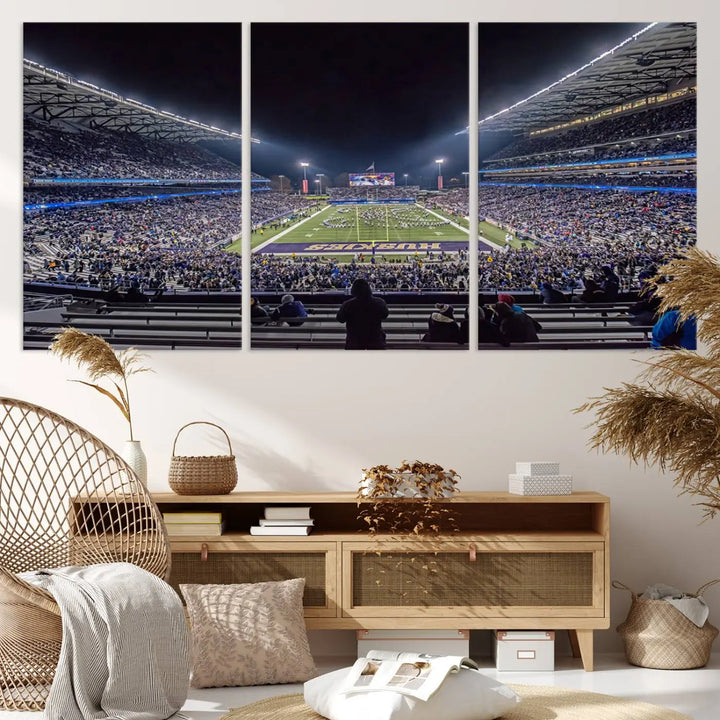 A large wall art canvas print of the University of Washington Huskies football team at Seattle Husky Stadium captures the spirit of adventure and serenity.