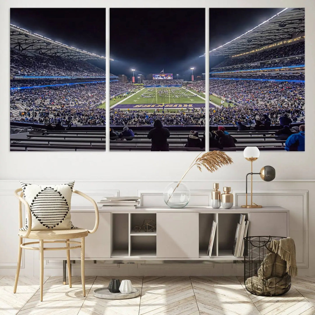 A large wall art canvas print of the University of Washington Huskies football team at Seattle Husky Stadium captures the spirit of adventure and serenity.