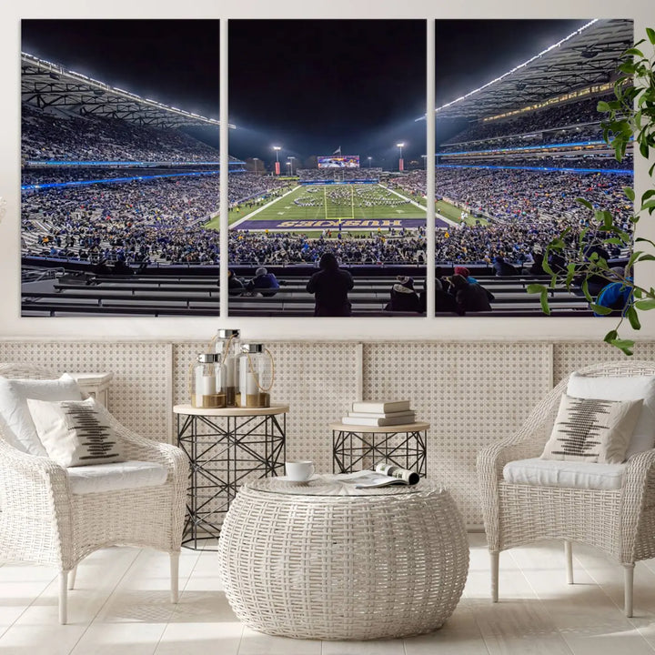 A large wall art canvas print of the University of Washington Huskies football team at Seattle Husky Stadium captures the spirit of adventure and serenity.