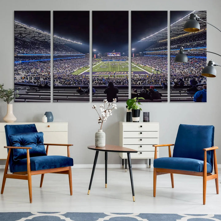 A large wall art canvas print of the University of Washington Huskies football team at Seattle Husky Stadium captures the spirit of adventure and serenity.