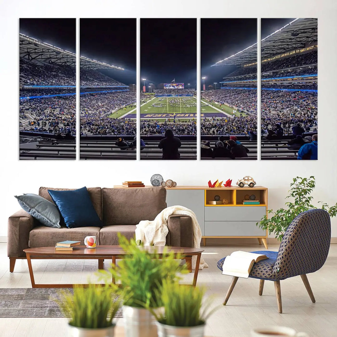 A large wall art canvas print of the University of Washington Huskies football team at Seattle Husky Stadium captures the spirit of adventure and serenity.