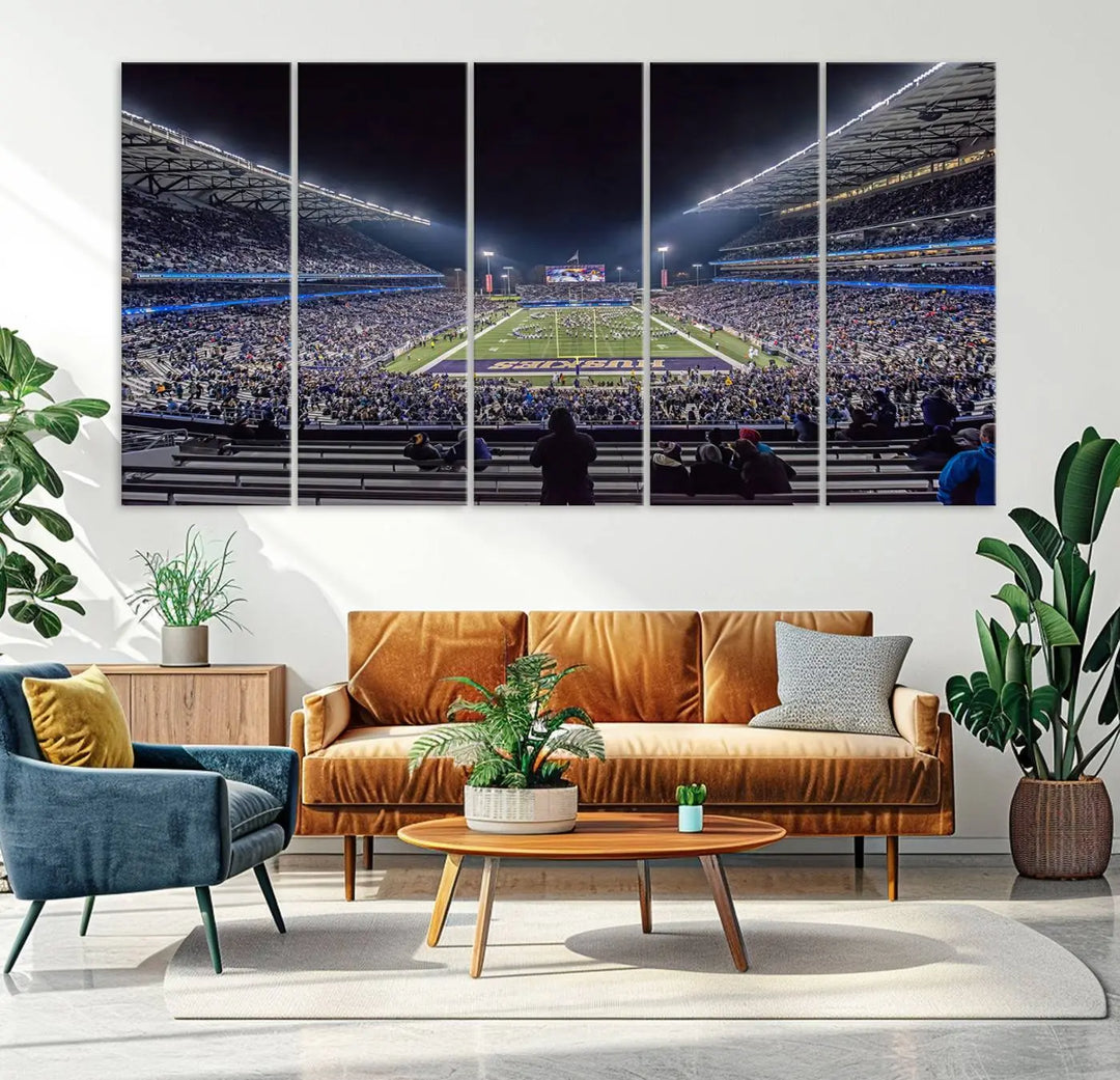 A large wall art canvas print of the University of Washington Huskies football team at Seattle Husky Stadium captures the spirit of adventure and serenity.