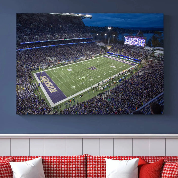 The living room features The University of Washington Huskies Football Team Print, showcasing a vibrant triptych of Seattle's Husky Stadium above the couch. This dynamic artwork is elegantly balanced by subtle animal portrait art, creating an inviting ambiance.