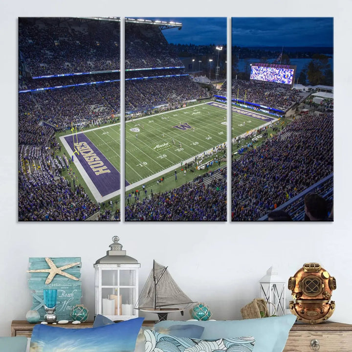 The living room features The University of Washington Huskies Football Team Print, showcasing a vibrant triptych of Seattle's Husky Stadium above the couch. This dynamic artwork is elegantly balanced by subtle animal portrait art, creating an inviting ambiance.