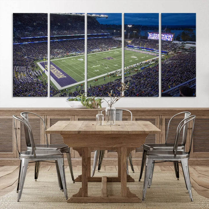 The living room features The University of Washington Huskies Football Team Print, showcasing a vibrant triptych of Seattle's Husky Stadium above the couch. This dynamic artwork is elegantly balanced by subtle animal portrait art, creating an inviting ambiance.