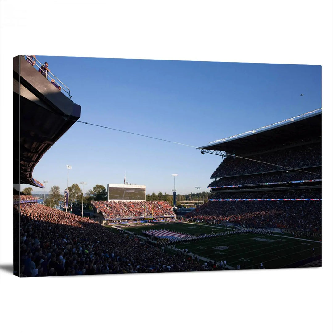 The living room features a triptych wall art showcasing "The University of Washington Huskies Football Team Print - Seattle Husky Stadium Wall Art Canvas Print," capturing a husky and stadium scene during an exhilarating sports event.