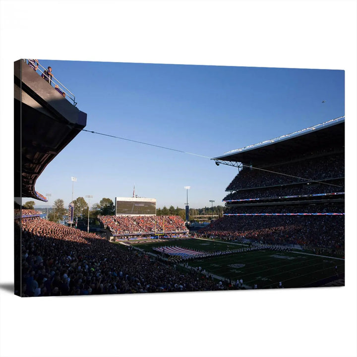 The living room features a triptych wall art showcasing "The University of Washington Huskies Football Team Print - Seattle Husky Stadium Wall Art Canvas Print," capturing a husky and stadium scene during an exhilarating sports event.