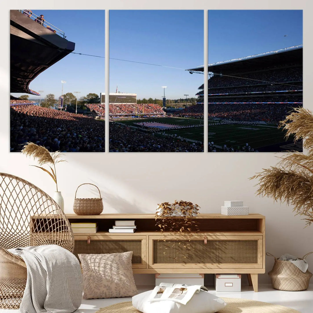 The living room features a triptych wall art showcasing "The University of Washington Huskies Football Team Print - Seattle Husky Stadium Wall Art Canvas Print," capturing a husky and stadium scene during an exhilarating sports event.