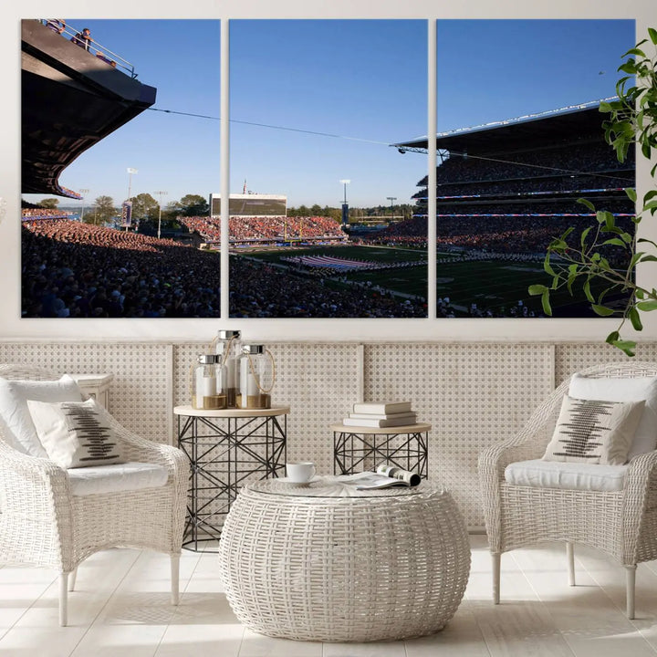 The living room features a triptych wall art showcasing "The University of Washington Huskies Football Team Print - Seattle Husky Stadium Wall Art Canvas Print," capturing a husky and stadium scene during an exhilarating sports event.