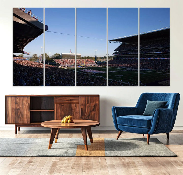 The living room features a triptych wall art showcasing "The University of Washington Huskies Football Team Print - Seattle Husky Stadium Wall Art Canvas Print," capturing a husky and stadium scene during an exhilarating sports event.