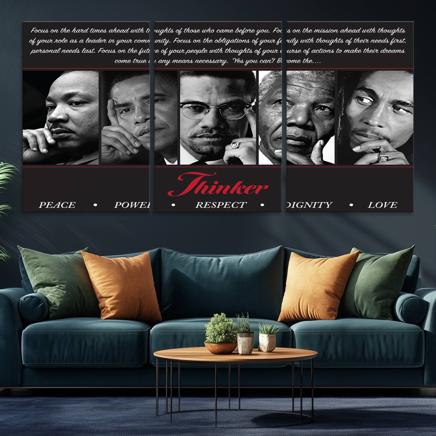 45112-MGV-CV-36X24-Thinker Quintet Canvas Wall Art – Martin, Obama, Malcolm X, Mandela, Marley Featuring Peace, Power, Respect, Dignity, and Love African Art
