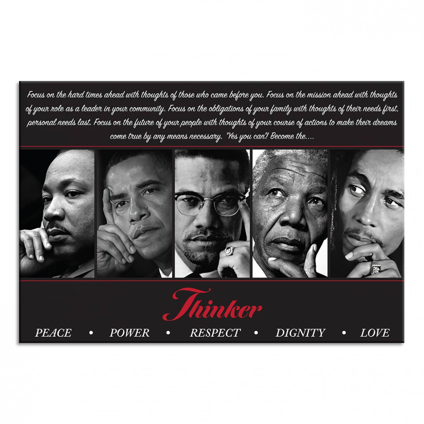 Thinker Quintet Canvas Wall Art – Martin, Obama, Malcolm X, Mandela, Marley Featuring Peace, Power, Respect, Dignity, and Love African Art