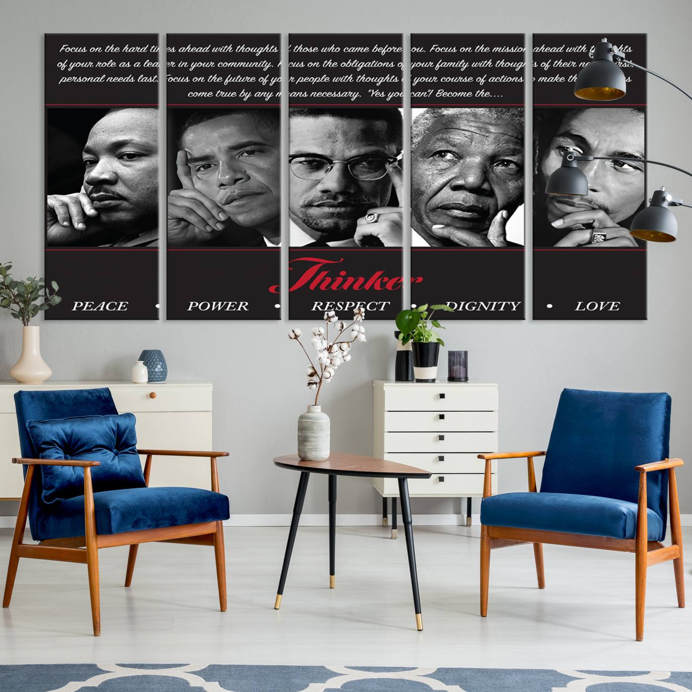 45112-MGV-CV-36X24-Thinker Quintet Canvas Wall Art – Martin, Obama, Malcolm X, Mandela, Marley Featuring Peace, Power, Respect, Dignity, and Love African Art