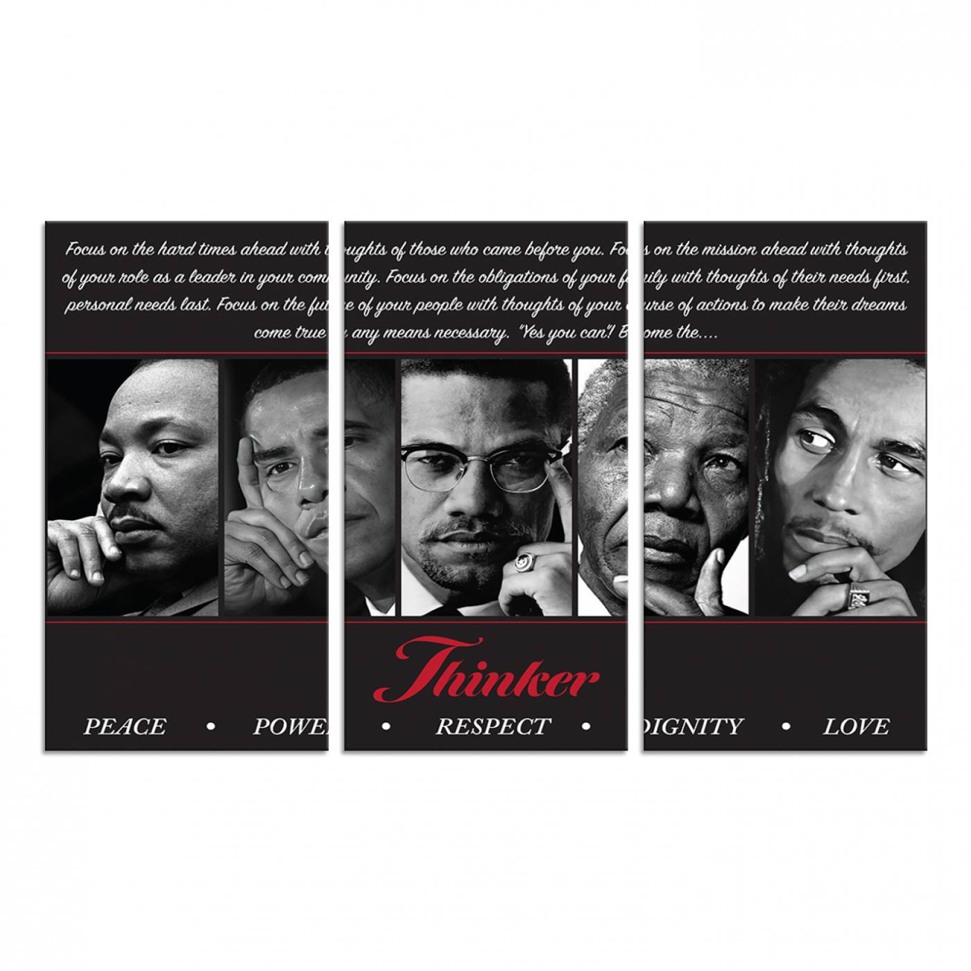 45112-MGV-CV-48X32-3P-Thinker Quintet Canvas Wall Art – Martin, Obama, Malcolm X, Mandela, Marley Featuring Peace, Power, Respect, Dignity, and Love African Art