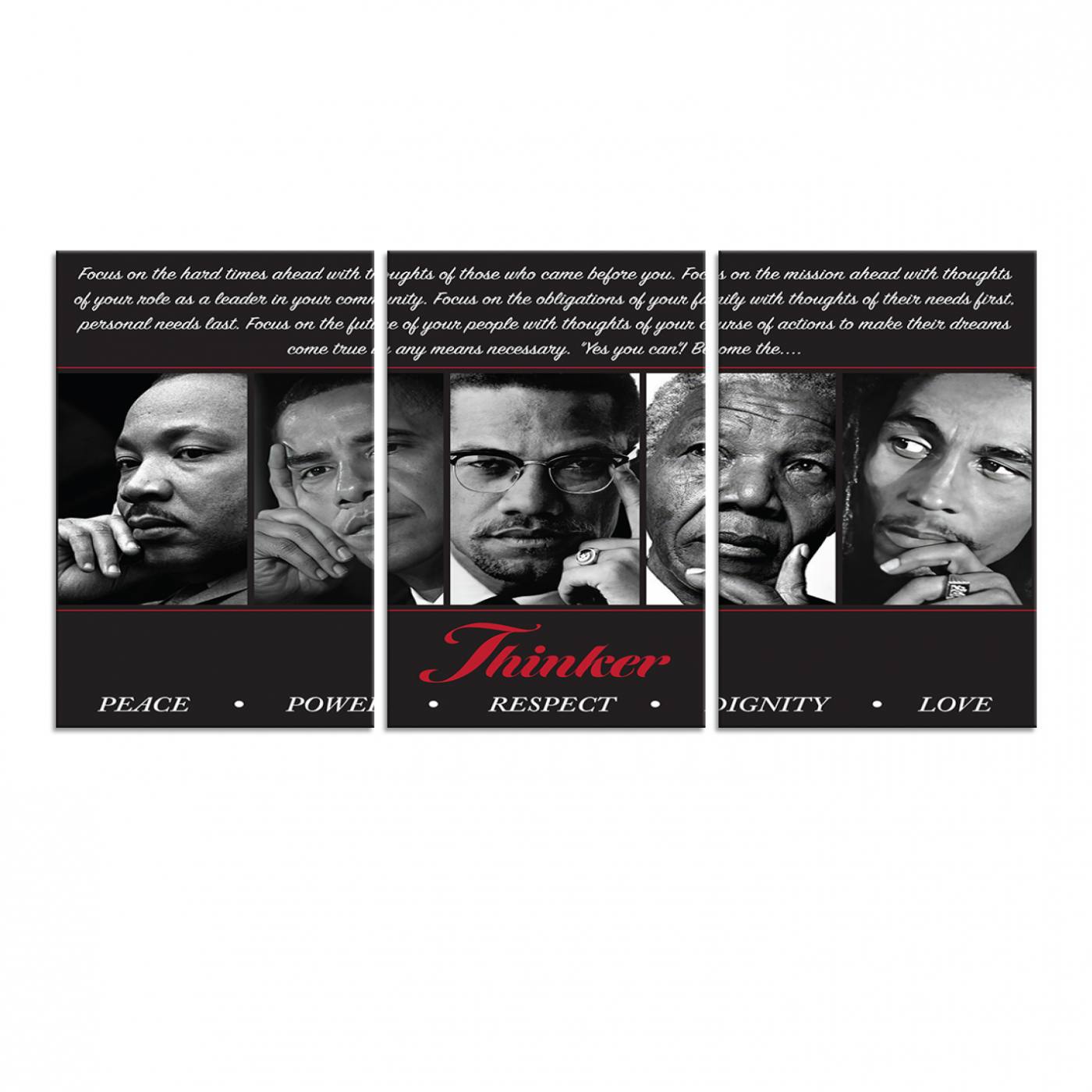 Thinker Quintet Canvas Wall Art – Martin, Obama, Malcolm X, Mandela, Marley Featuring Peace, Power, Respect, Dignity, and Love African Art
