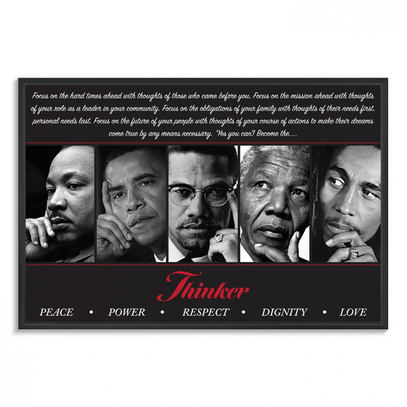 Thinker Quintet Canvas Wall Art – Martin, Obama, Malcolm X, Mandela, Marley Featuring Peace, Power, Respect, Dignity, and Love African Art