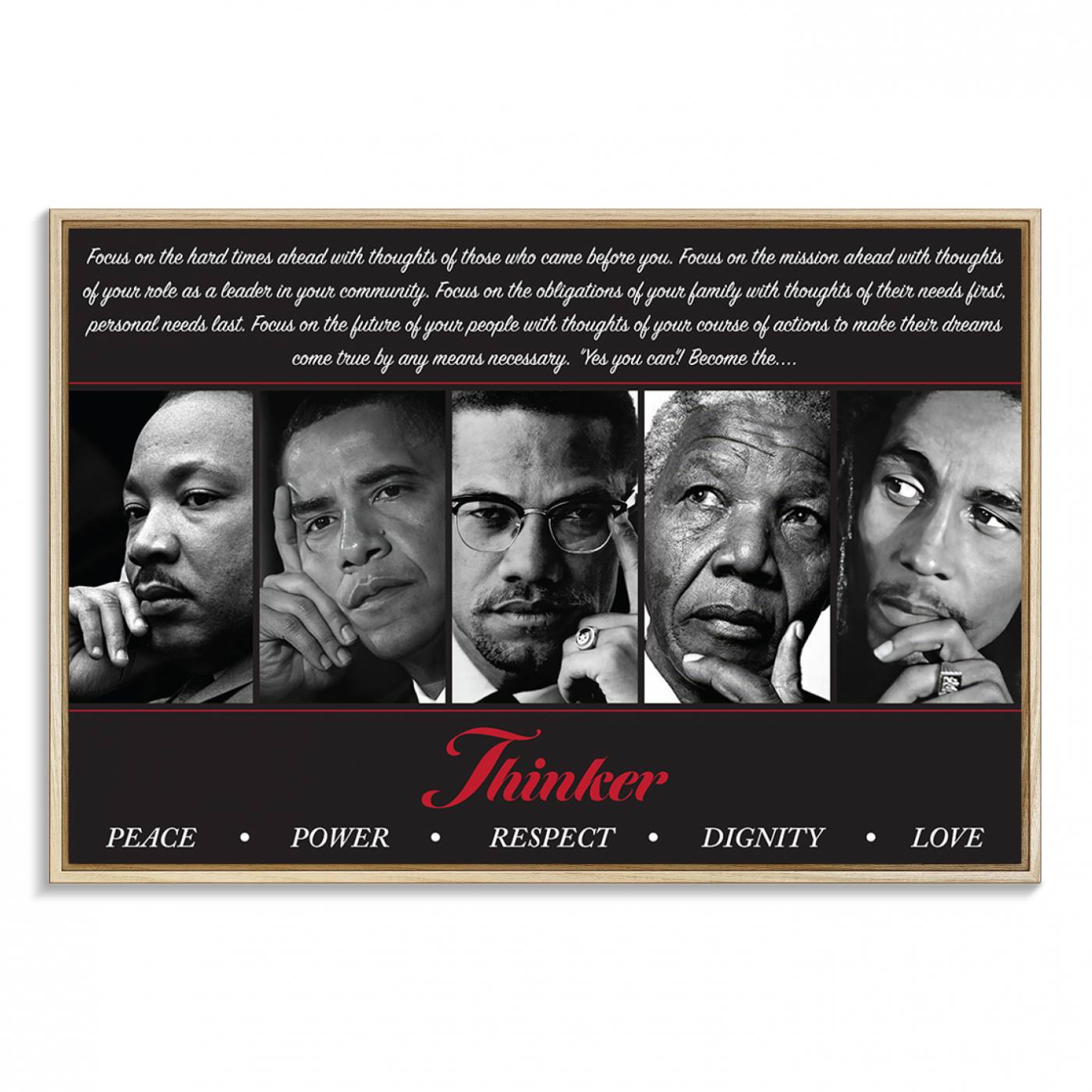 Thinker Quintet Canvas Wall Art – Martin, Obama, Malcolm X, Mandela, Marley Featuring Peace, Power, Respect, Dignity, and Love African Art