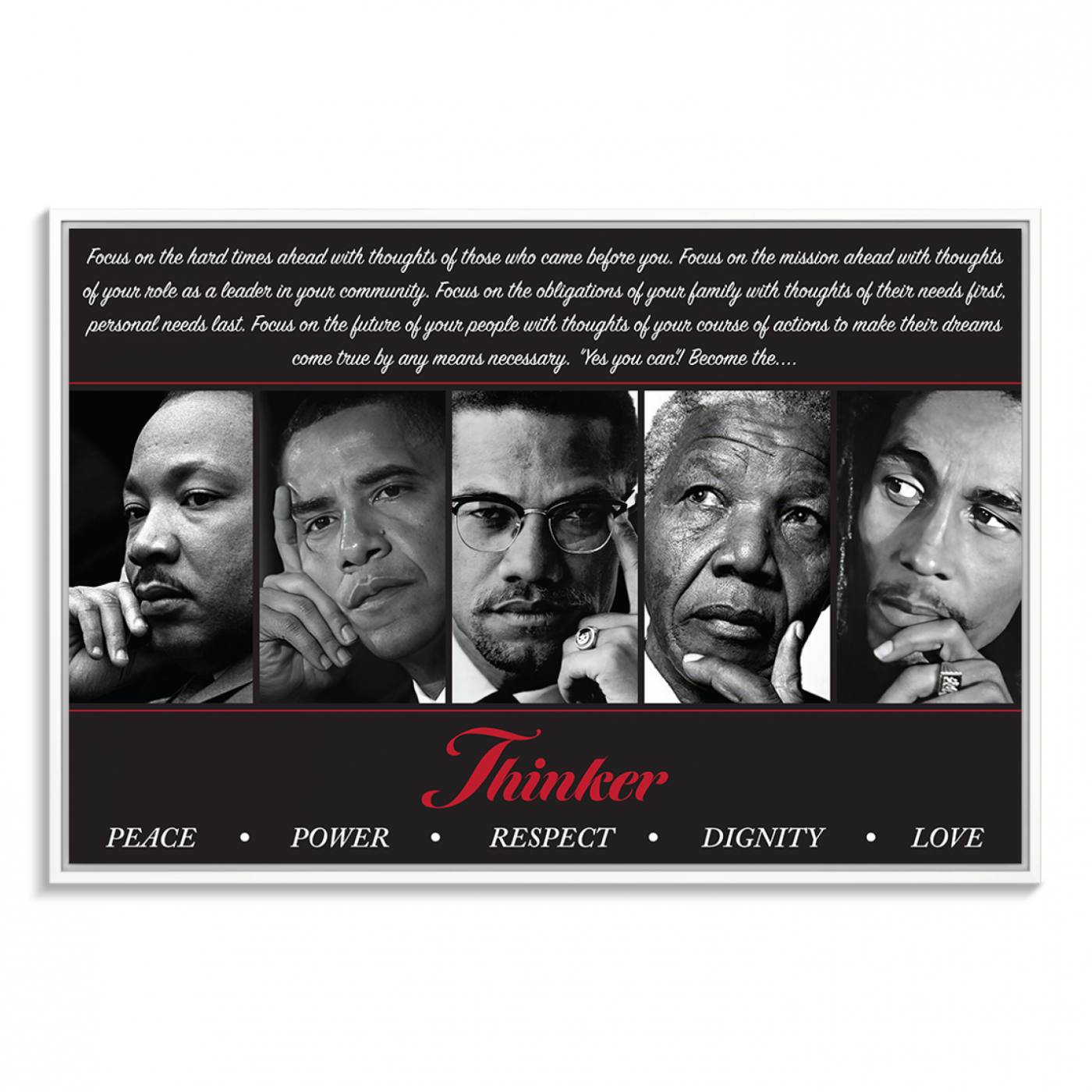 Thinker Quintet Canvas Wall Art – Martin, Obama, Malcolm X, Mandela, Marley Featuring Peace, Power, Respect, Dignity, and Love African Art