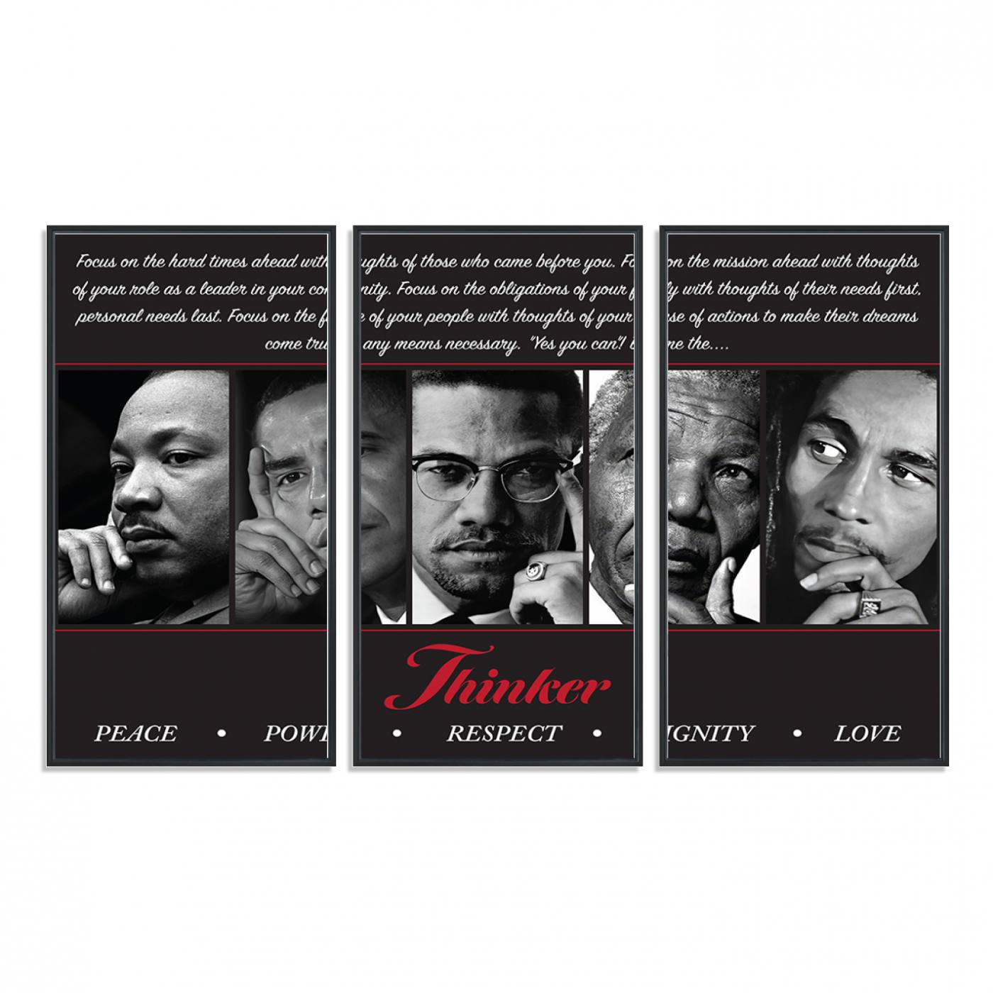 45112-MGV-FC-48X32-3P_Black-Thinker Quintet Canvas Wall Art – Martin, Obama, Malcolm X, Mandela, Marley Featuring Peace, Power, Respect, Dignity, and Love African Art