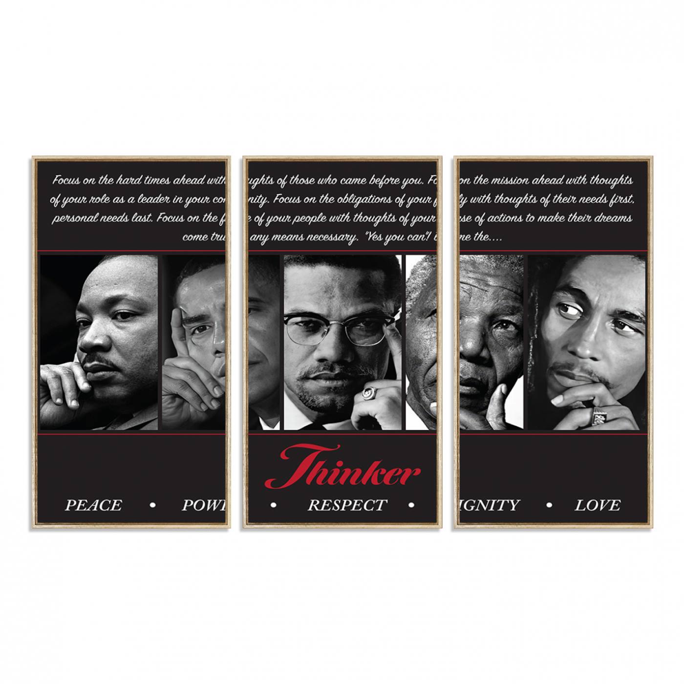 45112-MGV-FC-48X32-3P_Natural-Thinker Quintet Canvas Wall Art – Martin, Obama, Malcolm X, Mandela, Marley Featuring Peace, Power, Respect, Dignity, and Love African Art