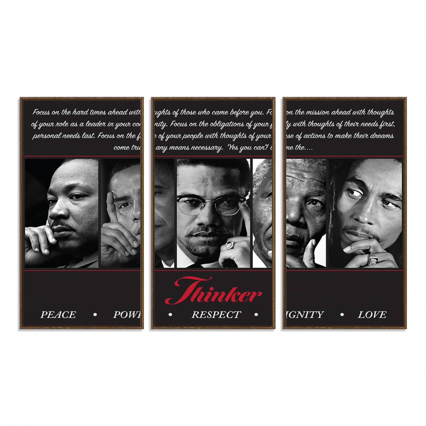 45112-MGV-FC-48X32-3P_Walnut-Thinker Quintet Canvas Wall Art – Martin, Obama, Malcolm X, Mandela, Marley Featuring Peace, Power, Respect, Dignity, and Love African Art