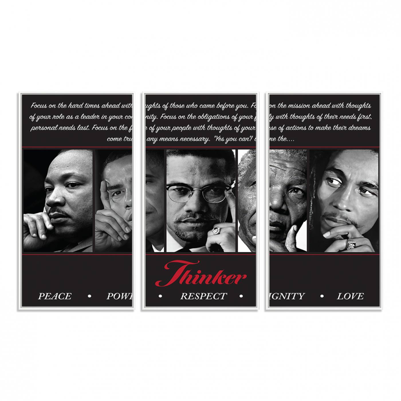 45112-MGV-FC-48X32-3P_White-Thinker Quintet Canvas Wall Art – Martin, Obama, Malcolm X, Mandela, Marley Featuring Peace, Power, Respect, Dignity, and Love African Art