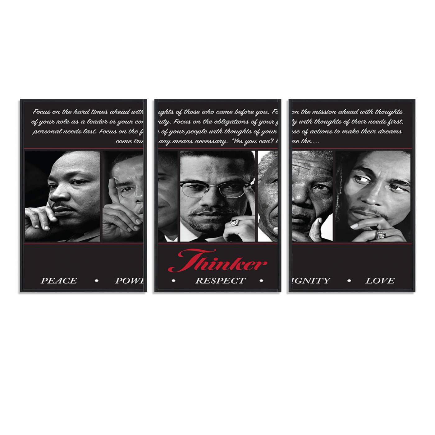 45112-MGV-FC-60X30-3P_Black-Thinker Quintet Canvas Wall Art – Martin, Obama, Malcolm X, Mandela, Marley Featuring Peace, Power, Respect, Dignity, and Love African Art