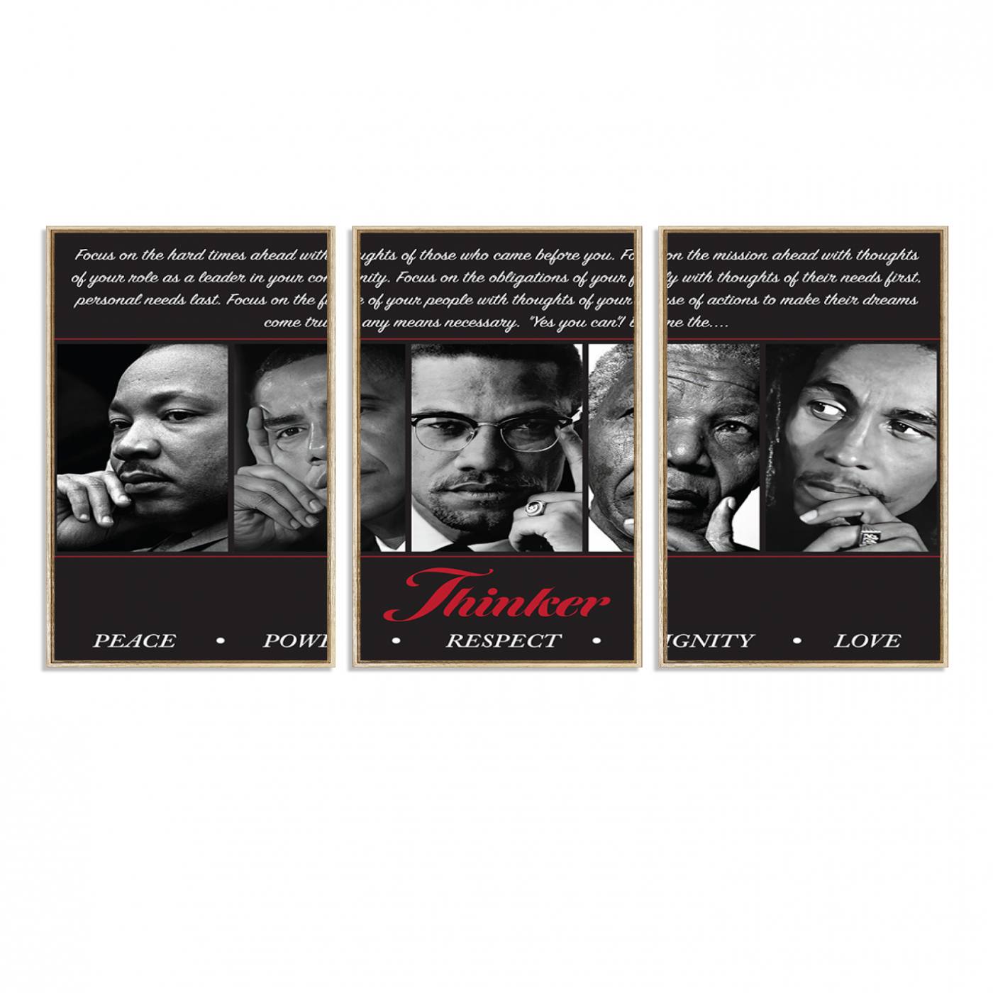 45112-MGV-FC-60X30-3P_Natural-Thinker Quintet Canvas Wall Art – Martin, Obama, Malcolm X, Mandela, Marley Featuring Peace, Power, Respect, Dignity, and Love African Art
