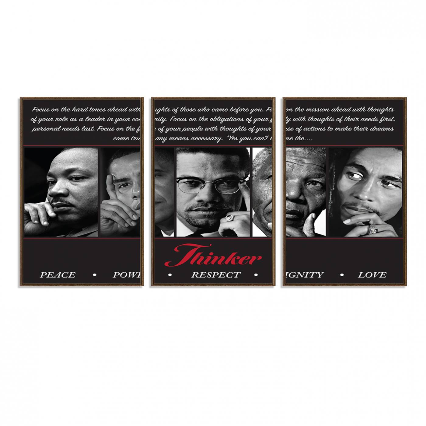 45112-MGV-FC-60X30-3P_Walnut-Thinker Quintet Canvas Wall Art – Martin, Obama, Malcolm X, Mandela, Marley Featuring Peace, Power, Respect, Dignity, and Love African Art