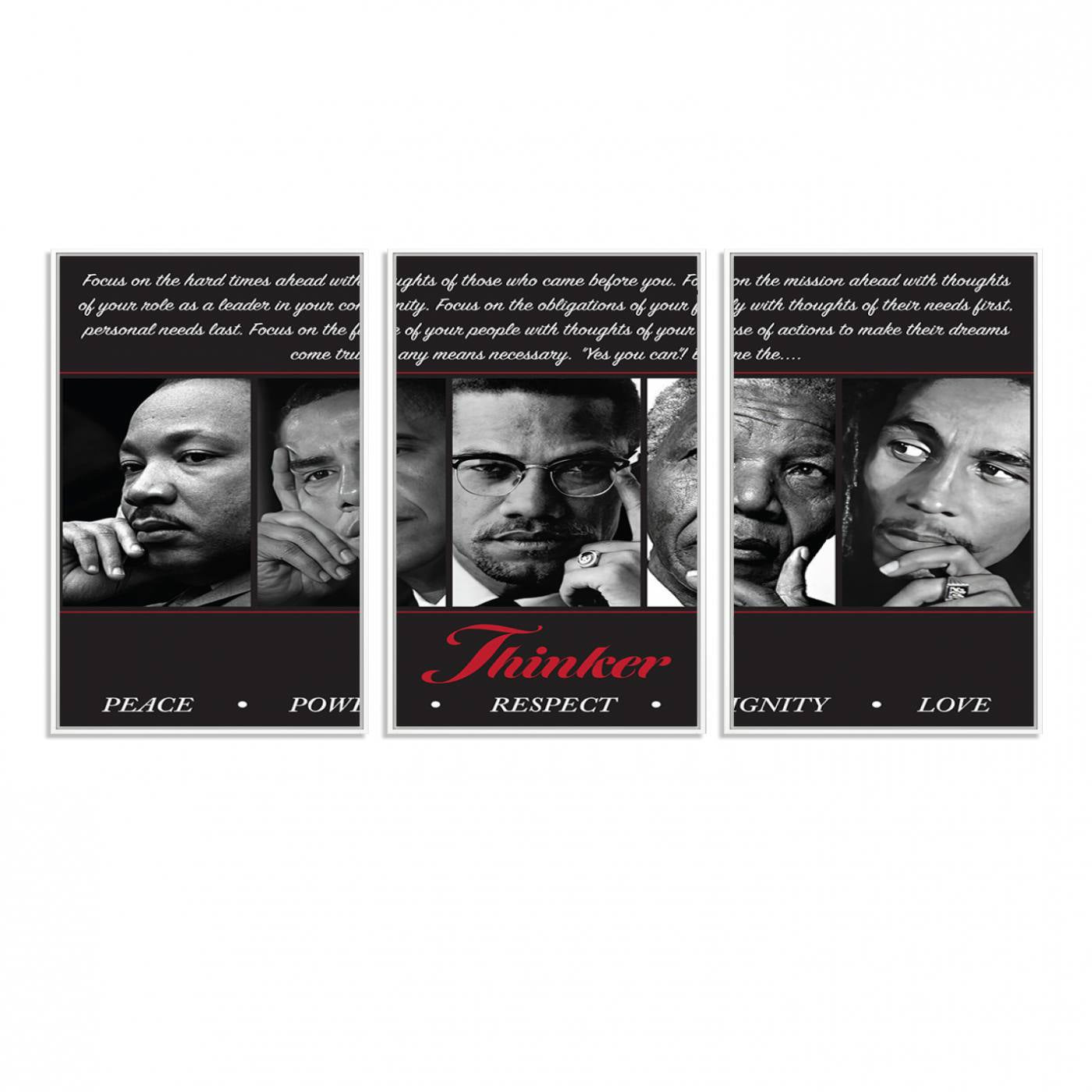 45112-MGV-FC-60X30-3P_White-Thinker Quintet Canvas Wall Art – Martin, Obama, Malcolm X, Mandela, Marley Featuring Peace, Power, Respect, Dignity, and Love African Art