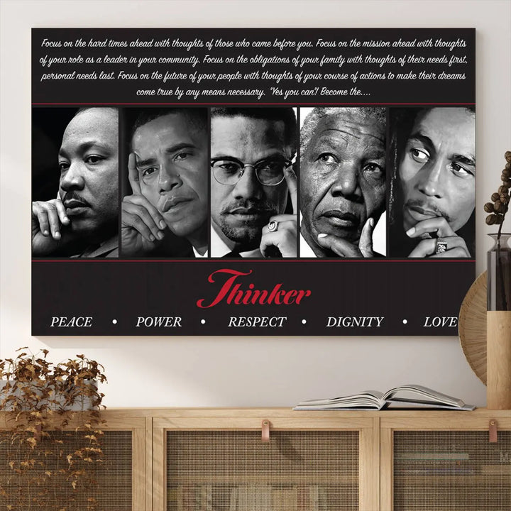 This framed and ready-to-hang wall art, titled "Thinkers of Change," features black and white portraits of five iconic individuals, including Martin Luther King Jr., and is labeled with inspiring themes such as Peace, Power, and Respect.