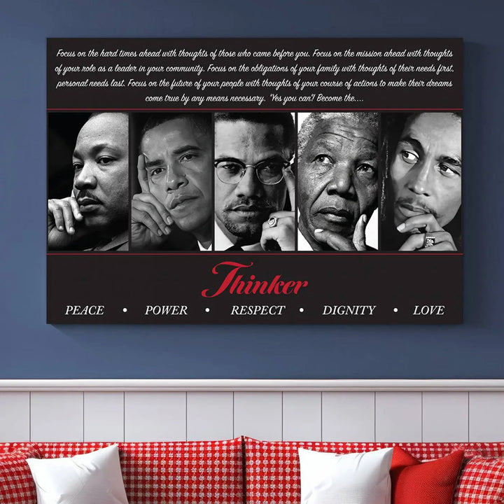 This framed and ready-to-hang wall art, titled "Thinkers of Change," features black and white portraits of five iconic individuals, including Martin Luther King Jr., and is labeled with inspiring themes such as Peace, Power, and Respect.