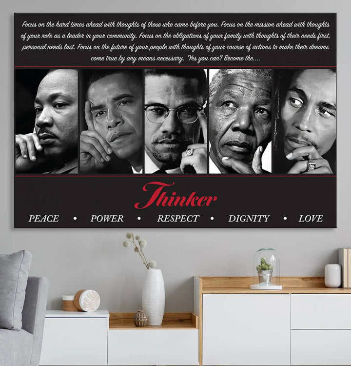 This framed and ready-to-hang wall art, titled "Thinkers of Change," features black and white portraits of five iconic individuals, including Martin Luther King Jr., and is labeled with inspiring themes such as Peace, Power, and Respect.