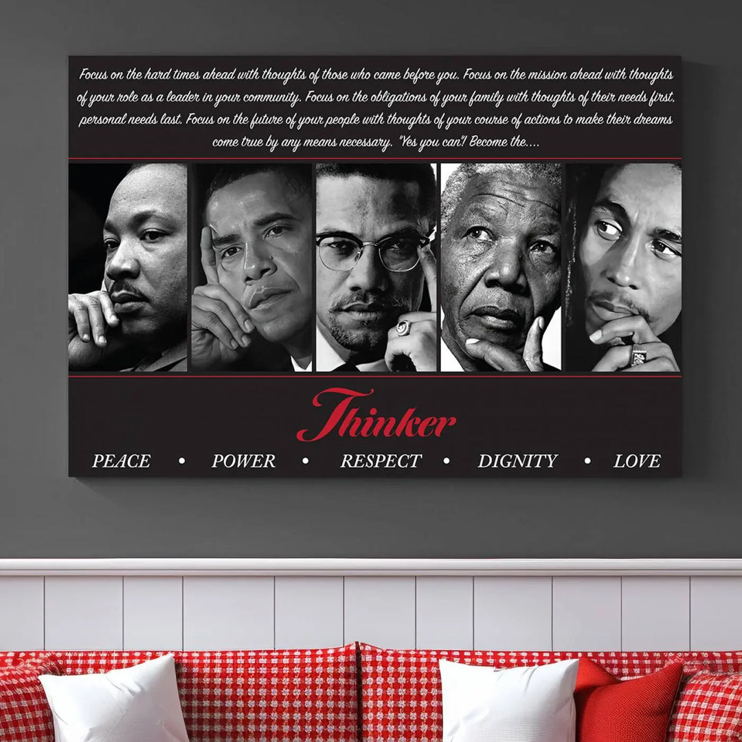 This framed and ready-to-hang wall art, titled "Thinkers of Change," features black and white portraits of five iconic individuals, including Martin Luther King Jr., and is labeled with inspiring themes such as Peace, Power, and Respect.