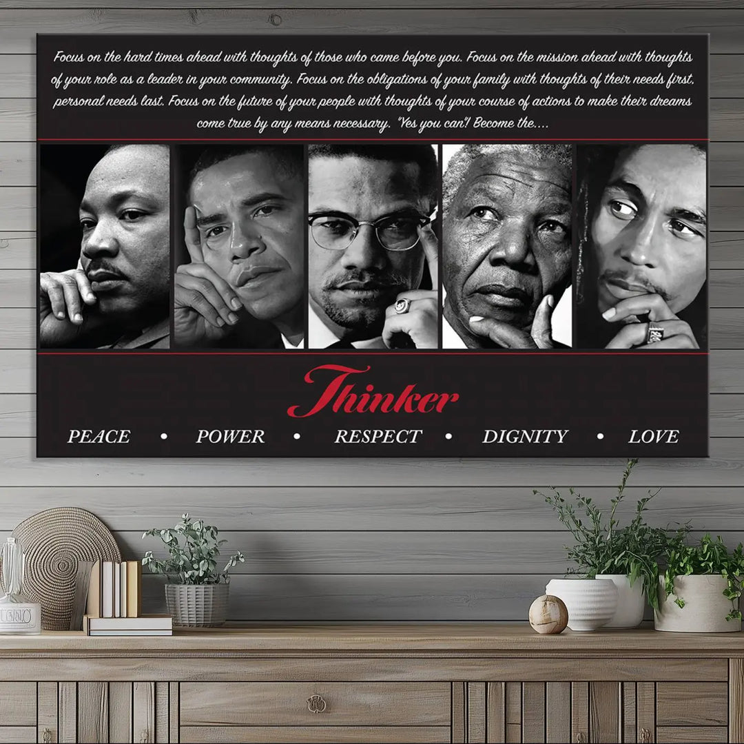 This framed and ready-to-hang wall art, titled "Thinkers of Change," features black and white portraits of five iconic individuals, including Martin Luther King Jr., and is labeled with inspiring themes such as Peace, Power, and Respect.