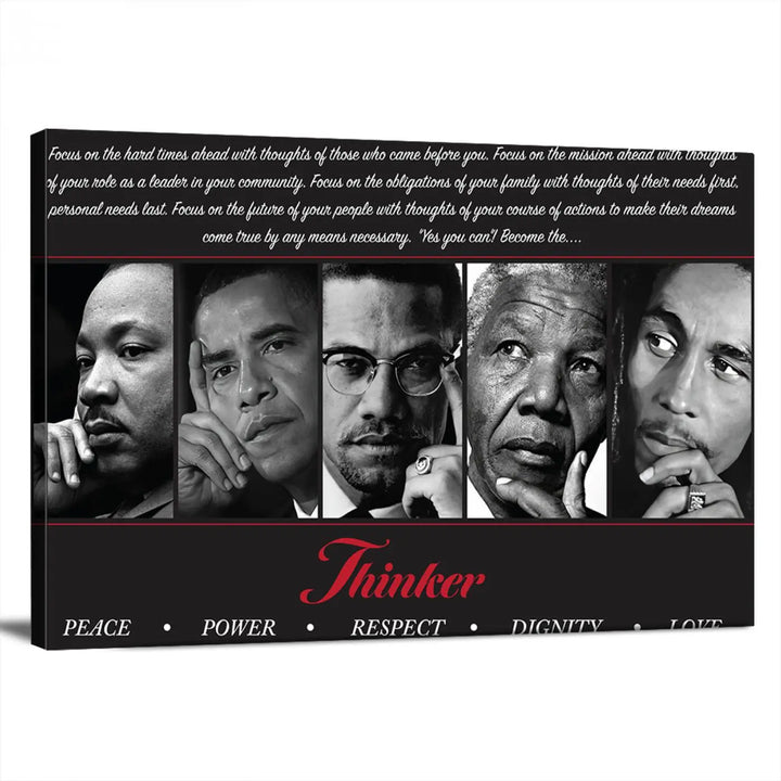 This framed and ready-to-hang wall art, titled "Thinkers of Change," features black and white portraits of five iconic individuals, including Martin Luther King Jr., and is labeled with inspiring themes such as Peace, Power, and Respect.