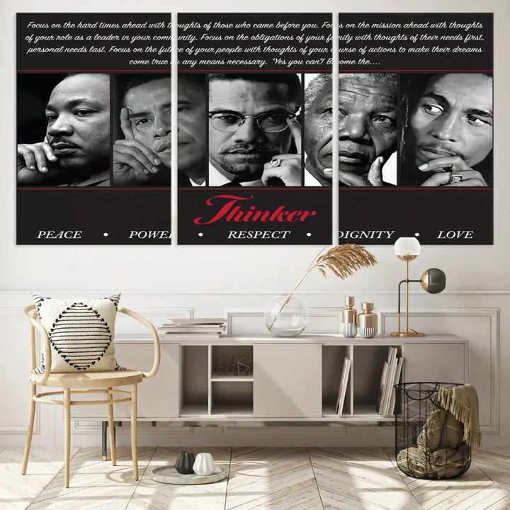 This framed and ready-to-hang wall art, titled "Thinkers of Change," features black and white portraits of five iconic individuals, including Martin Luther King Jr., and is labeled with inspiring themes such as Peace, Power, and Respect.