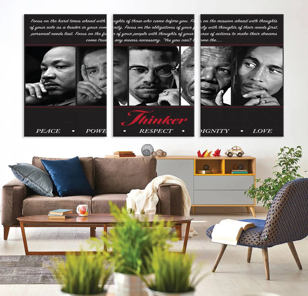 This framed and ready-to-hang wall art, titled "Thinkers of Change," features black and white portraits of five iconic individuals, including Martin Luther King Jr., and is labeled with inspiring themes such as Peace, Power, and Respect.