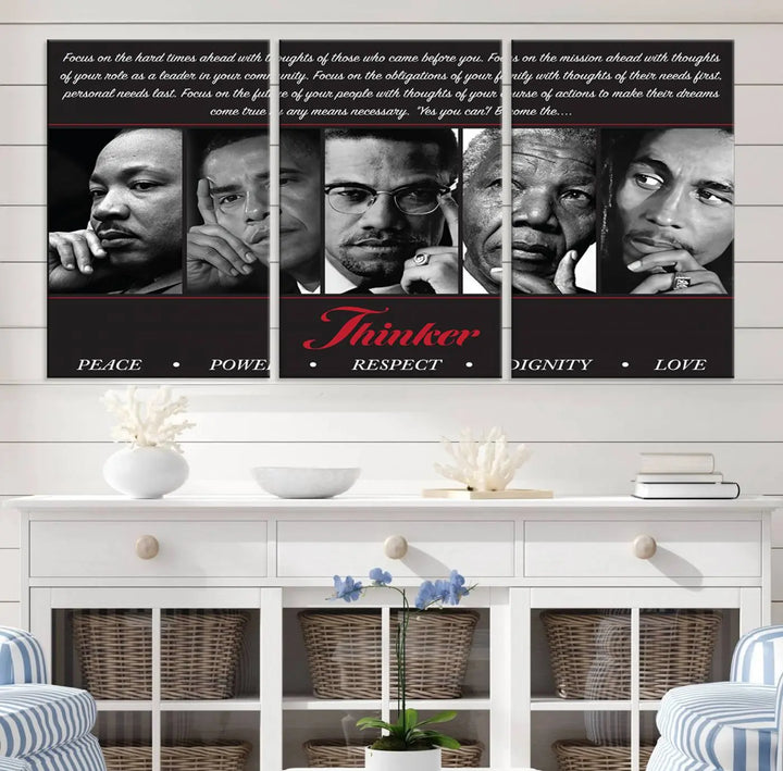 This framed and ready-to-hang wall art, titled "Thinkers of Change," features black and white portraits of five iconic individuals, including Martin Luther King Jr., and is labeled with inspiring themes such as Peace, Power, and Respect.