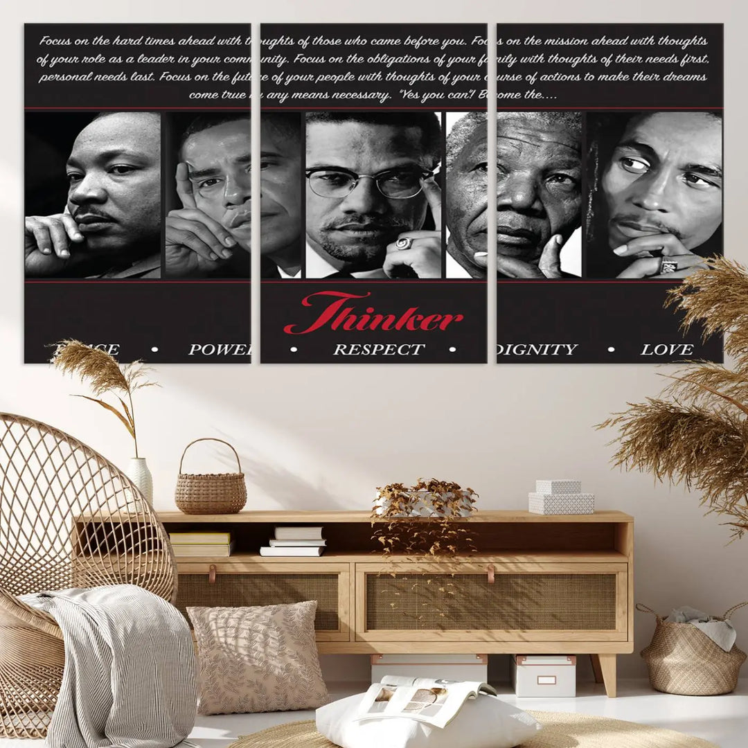 This framed and ready-to-hang wall art, titled "Thinkers of Change," features black and white portraits of five iconic individuals, including Martin Luther King Jr., and is labeled with inspiring themes such as Peace, Power, and Respect.