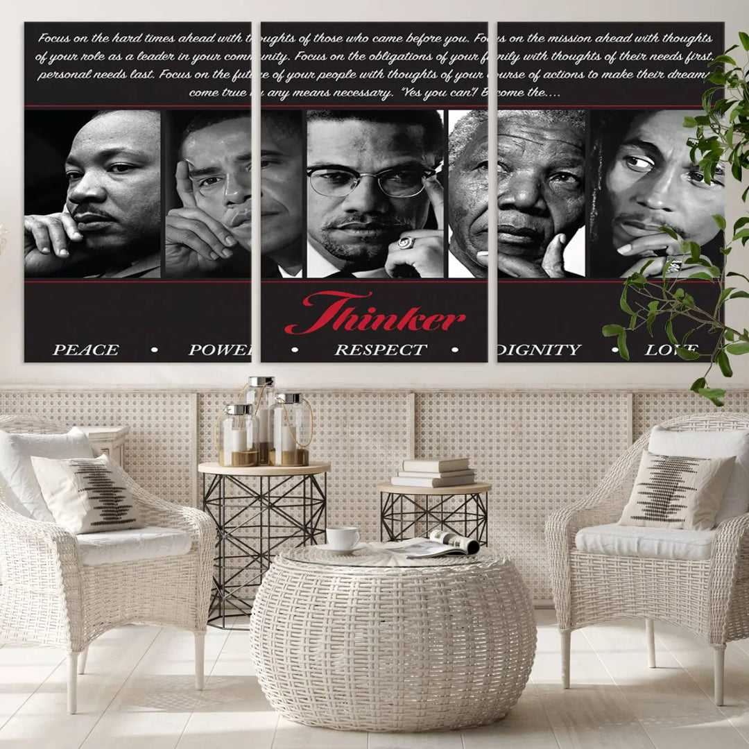 This framed and ready-to-hang wall art, titled "Thinkers of Change," features black and white portraits of five iconic individuals, including Martin Luther King Jr., and is labeled with inspiring themes such as Peace, Power, and Respect.