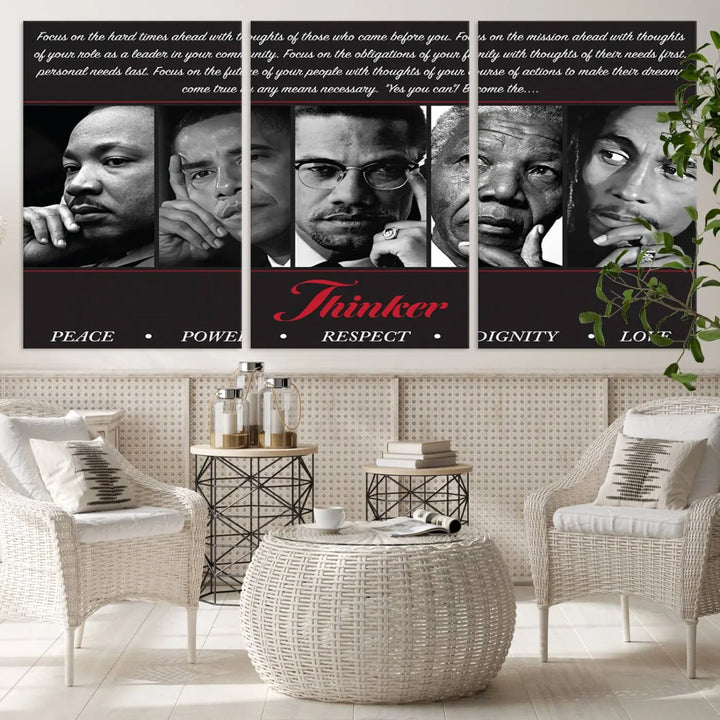 This framed and ready-to-hang wall art, titled "Thinkers of Change," features black and white portraits of five iconic individuals, including Martin Luther King Jr., and is labeled with inspiring themes such as Peace, Power, and Respect.