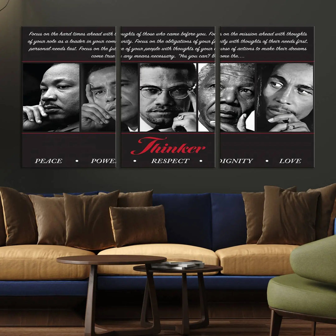 This framed and ready-to-hang wall art, titled "Thinkers of Change," features black and white portraits of five iconic individuals, including Martin Luther King Jr., and is labeled with inspiring themes such as Peace, Power, and Respect.