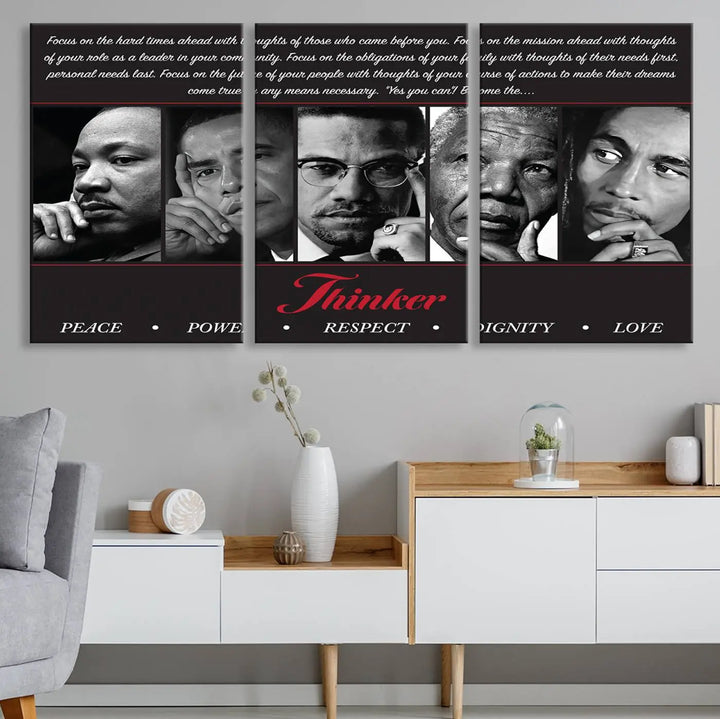 This framed and ready-to-hang wall art, titled "Thinkers of Change," features black and white portraits of five iconic individuals, including Martin Luther King Jr., and is labeled with inspiring themes such as Peace, Power, and Respect.