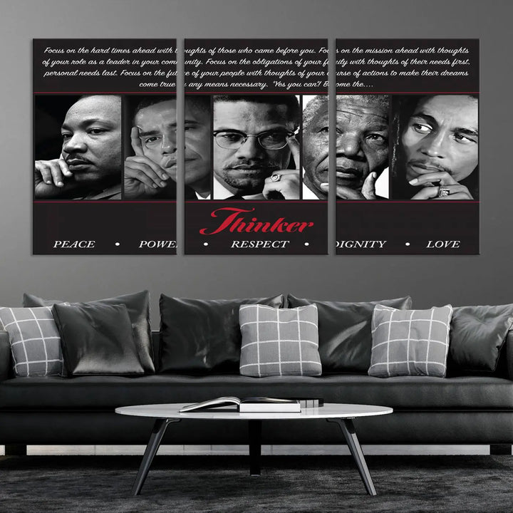 This framed and ready-to-hang wall art, titled "Thinkers of Change," features black and white portraits of five iconic individuals, including Martin Luther King Jr., and is labeled with inspiring themes such as Peace, Power, and Respect.